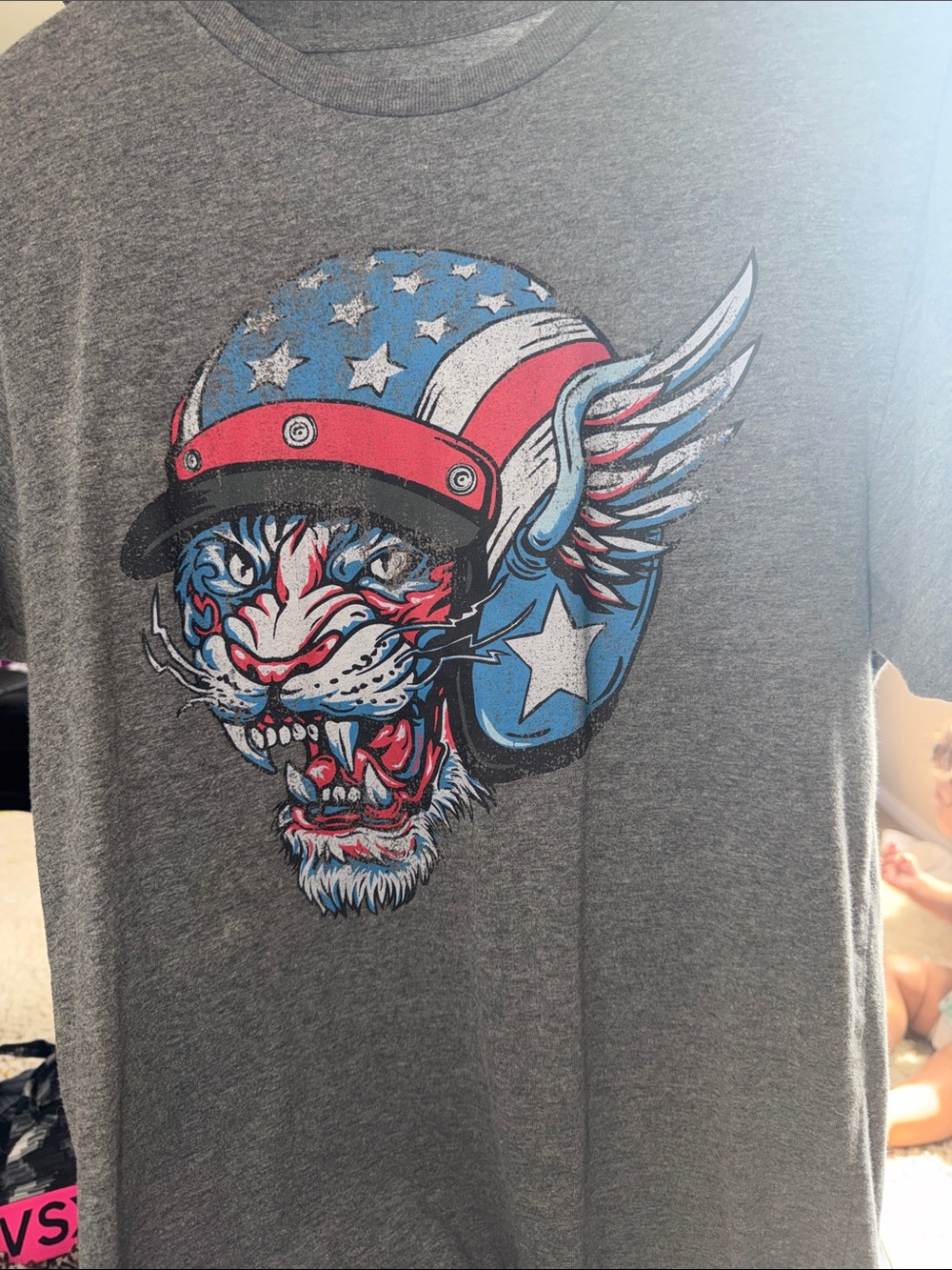 Men's/womans Grey Short-Sleeve Graphic Tee with Patriotic Tiger Helmet.